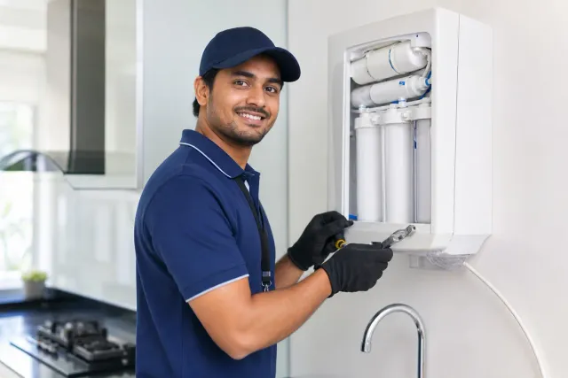Certified Hydrogen RO technician servicing a water purifier at a customer's home in Bengaluru